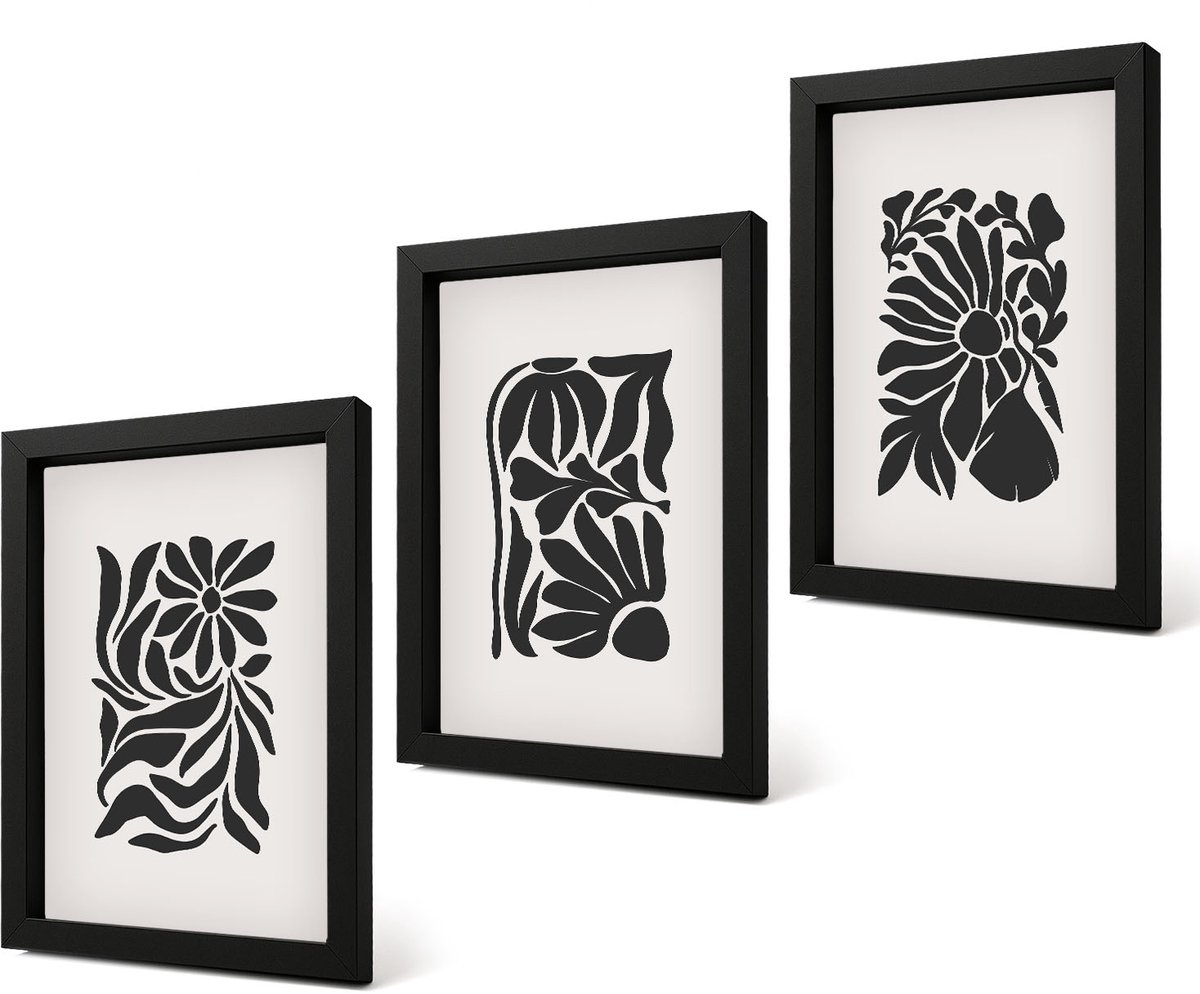 Coloray 4-Delige Schilderij Set - Abstracte plantpatronen in zwarttinten - 20 x 30 cm - Muurdecoratie - Wanddecoratie - Hal
