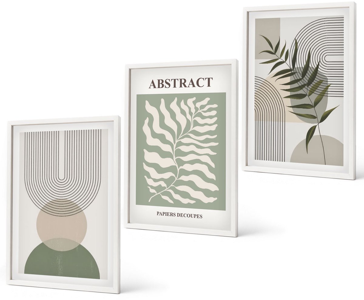 Coloray 3-Delige Schilderij Set - Botanische Abstracte Vormen In Boho-Rustieke Stijl - 40 x 60 - Muurdecoratie - Wanddecoratie - Hal - Interieur Decoratie