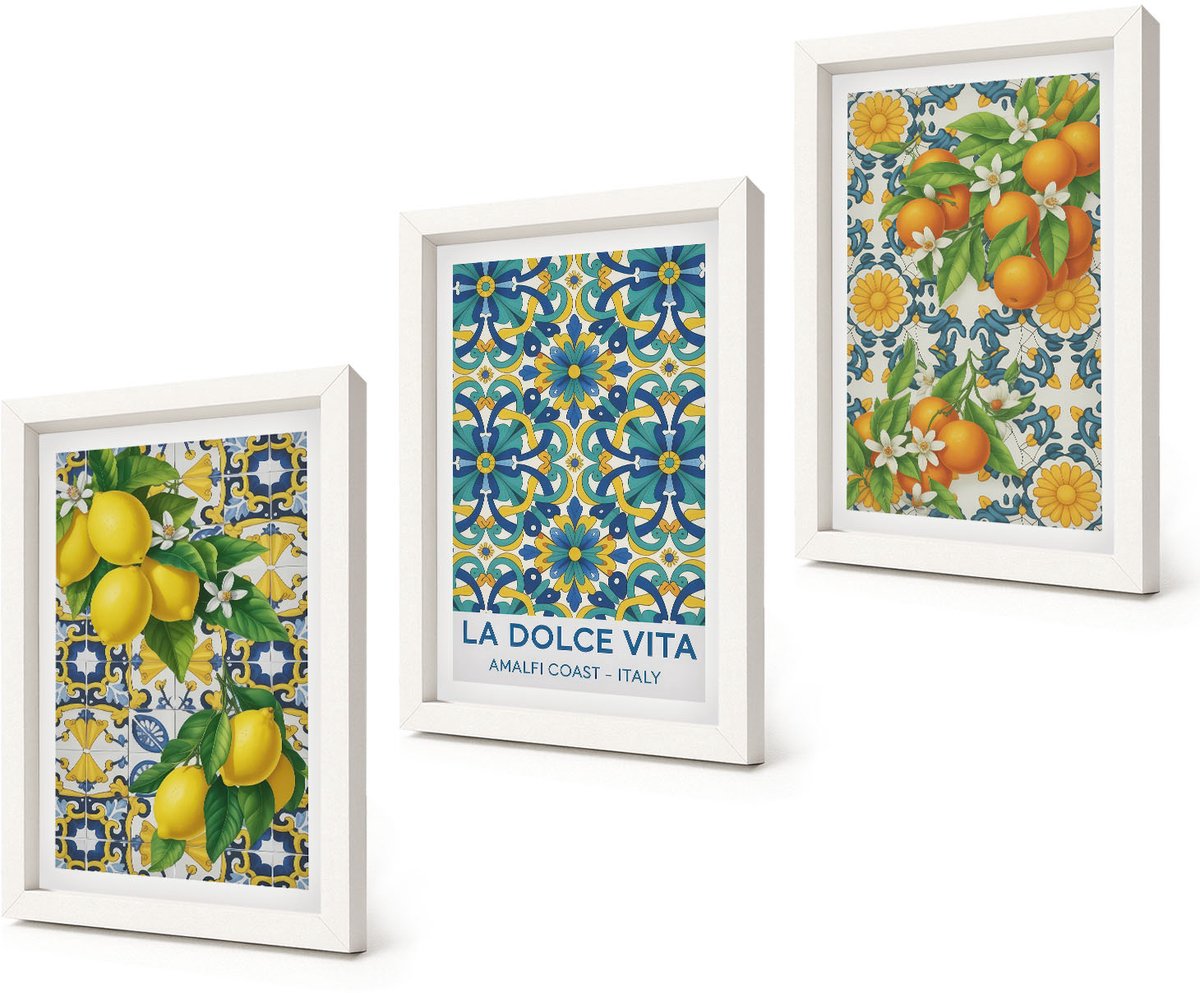 Coloray 3-Delige Schilderij Set - Citroenen, bloemen en sinaasappels in Italiaanse stijl - 20x30 - Wanddecoratie - Muurdecoratie - Moderne Interieurdecoratie - Interieur Decoratie