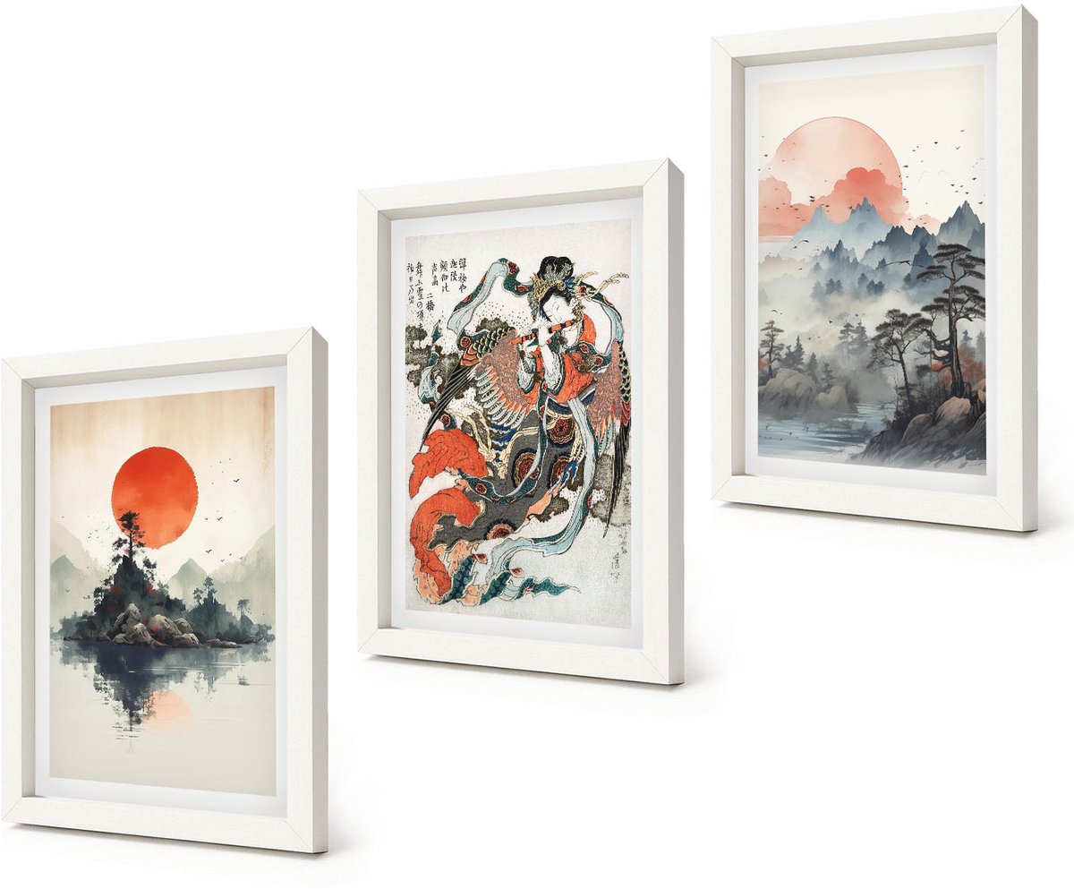 Coloray 3-Delige Schilderij Set - Aziatische schilderijen: landschappen en portretten in de Japandi-stijl. - 20x30 - Muurdecoratie - Wanddecoratie - Slaapkamer - Interieur Decoratie