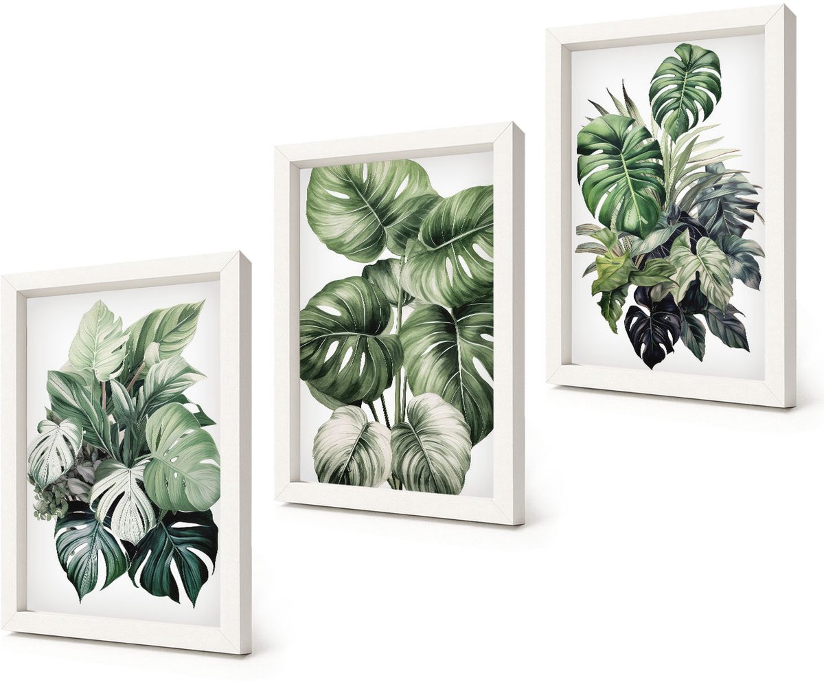 Coloray 3-Delige Schilderij Set - Groene bladeren van tropische planten, aquarelverf - 20x30 - Decoratieve Muurdecoratie - Slaapkamer - Woonkamer Decoratie