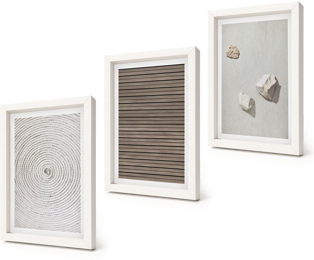 Coloray 3-Delige Schilderij Set - Natuurlijke texturen: hout, stenen, touw - 20x30 - Muurdecoratie - Decoratieve Schilderijen - Wohnzimmer