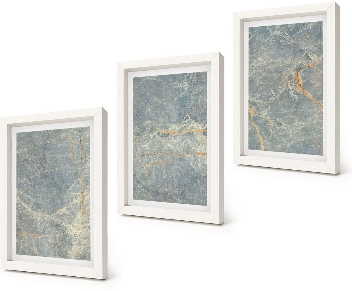 Coloray 3-Delige Schilderij Set - Decoratieve steenstructuur van groen geaderd marmer. - 20x30 - Schilderijen Set - Wanddecoratie - Woonkamer - Decoratieve Schilderijen