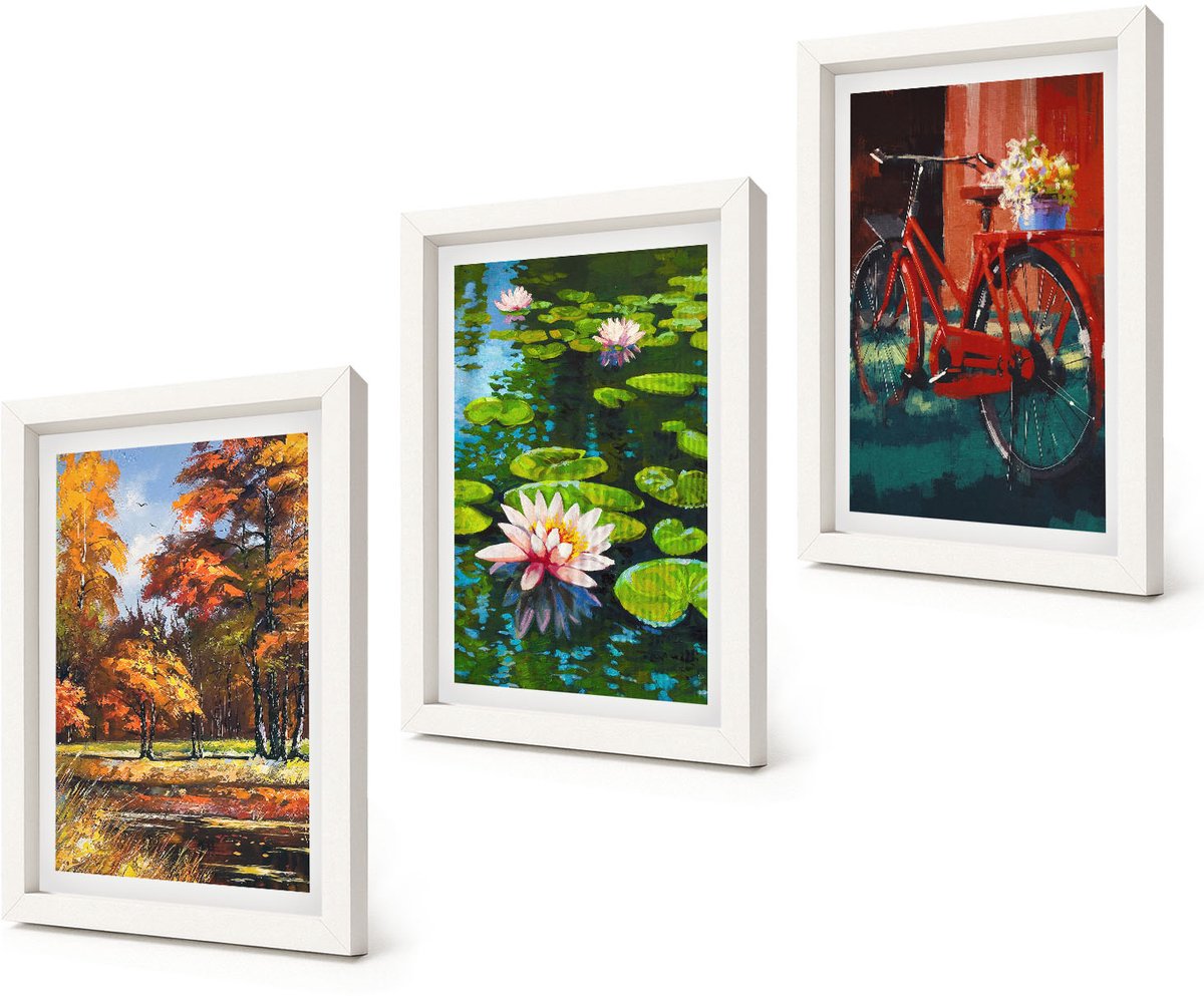 Coloray 3-Delige Schilderij Set - Herfstkleuren, lelievijver, fietsen op het terras - 20x30 - Decoratieve Schilderijen - Wanddecoratie - Hal