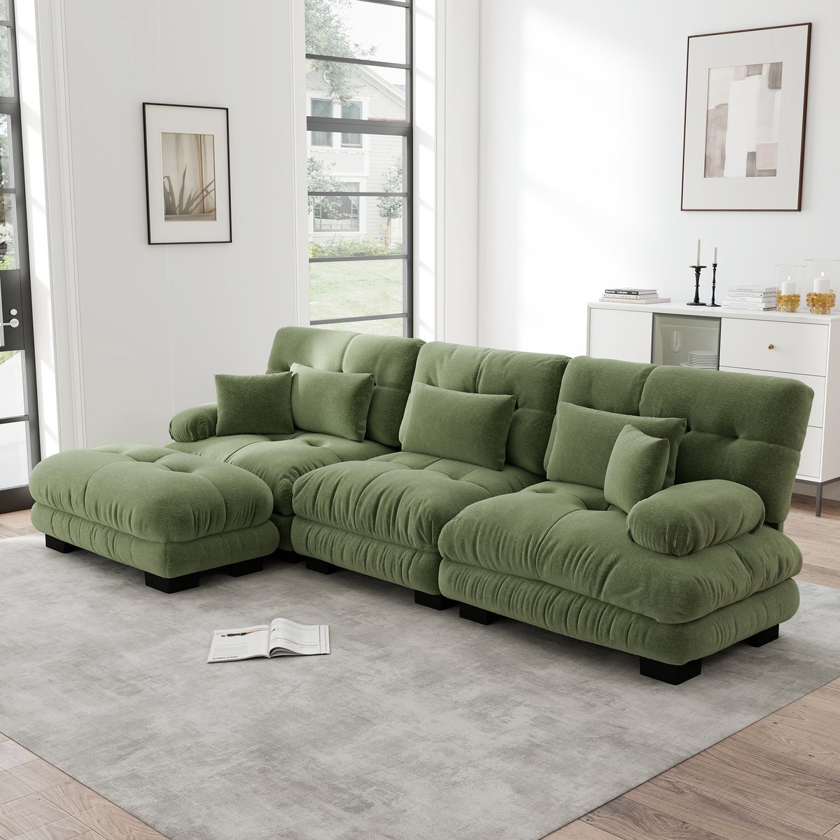 Modulaire L-vormige bank met slaapfunctie - Woonkamer - 4-6 persoons - Groen - Zachte chenille stof, diepe zit - Inclusief ottoman en kussens - Geen montage, geen frame