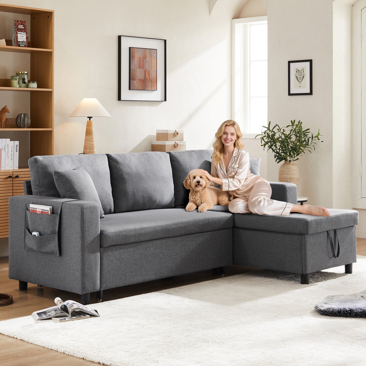 L-vorm slaapsofa met opbergvak en uitwisselbare chaise longue - voor woonkamer en logeerruimte - bed 219,5x142,5 cm - diverse kleuren - hoge rugleuning - zijvakken - verborgen opbergruimte