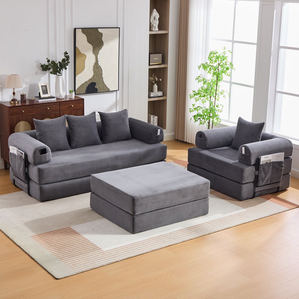 Modulair 4-zits corduroy bankstel met hocker - Geschikt voor woonkamer en compacte ruimtes - 4+ zitplaatsen - Grijs corduroy - Stevig metalen frame - Inclusief 4 comfortabele kussens - Flexibel modulair te combineren