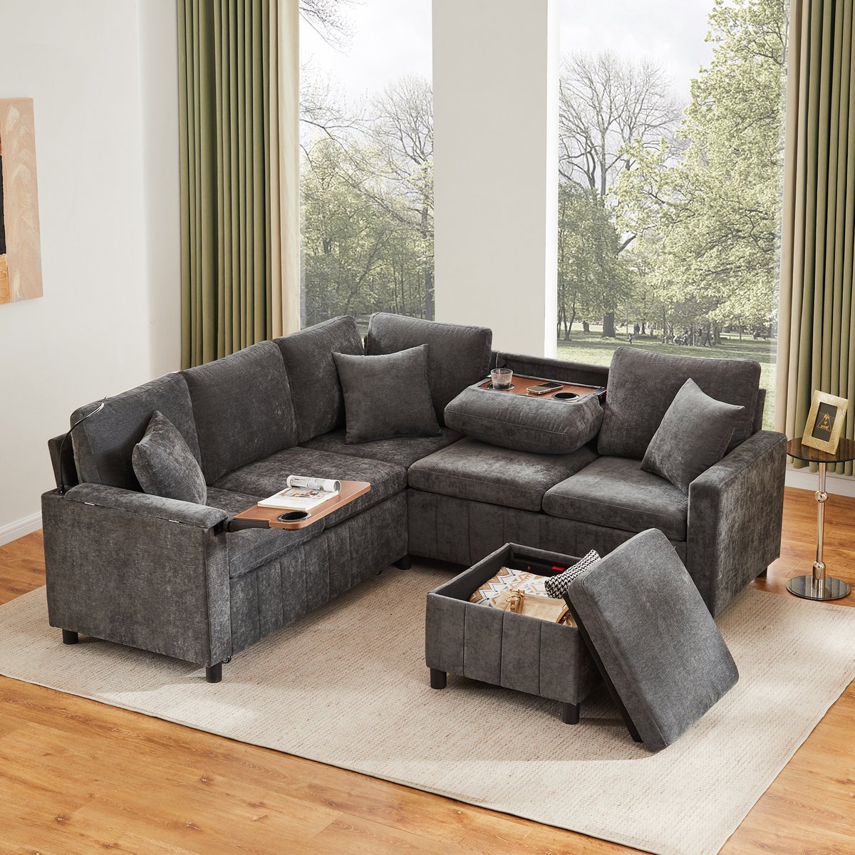 Zubaliya L‑vorm slaapbank met uitschuifbaar bed, USB‑C en leeslamp – 205×205 cm, 4‑5 personen – grijs – inklapbare tafel met 2 drankhouders – opberghocker en uitschuifbare rugleuning