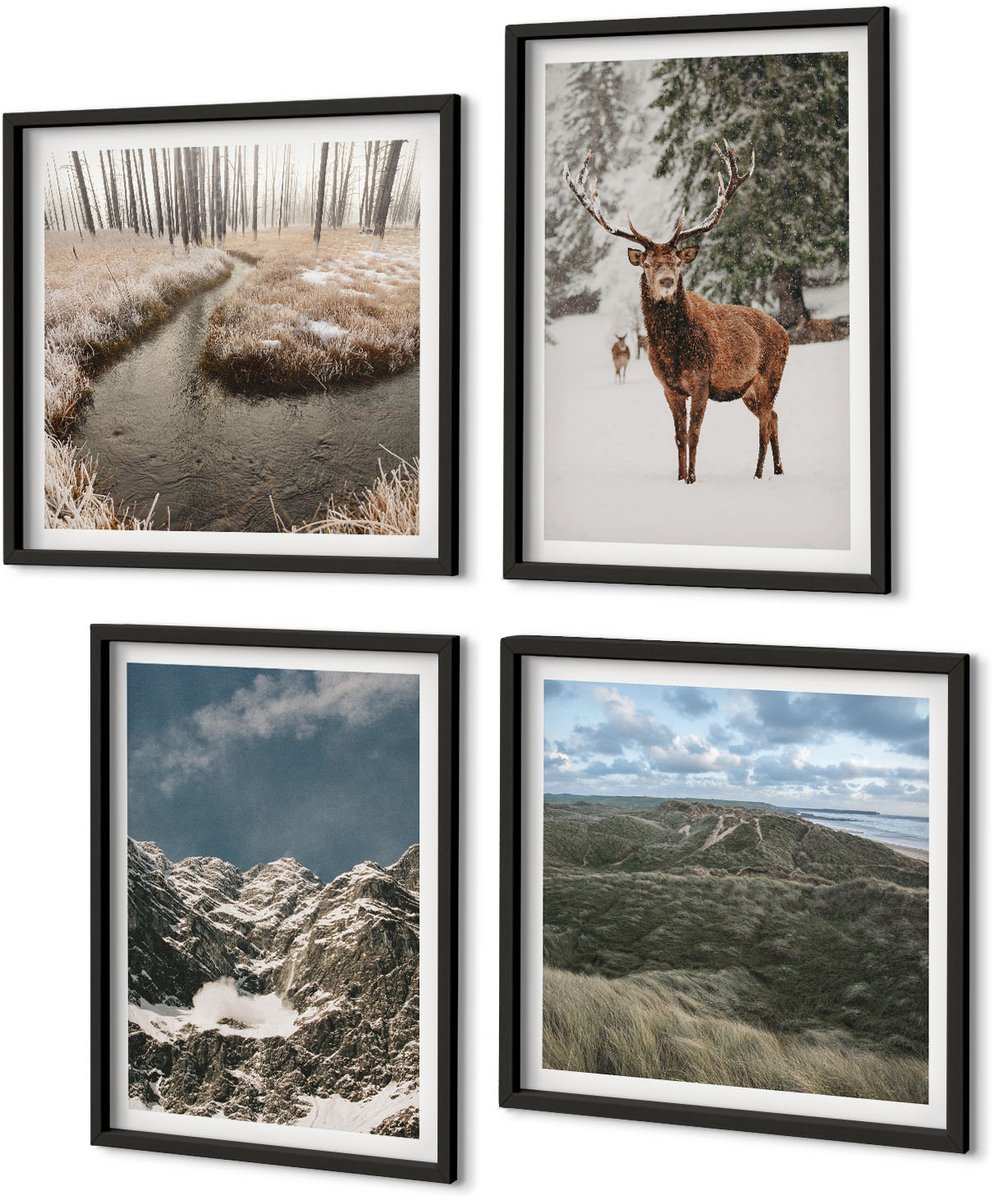 Coloray 4-Delige Schilderij Set - Bergen Met Sneeuwherten In Boslandschappen - 40 x 40 cm En 40 x 60 cm - Wanddecoratie - Moderne Interieurdecoratie - Woonkamer Decoratie Zwarte lijst