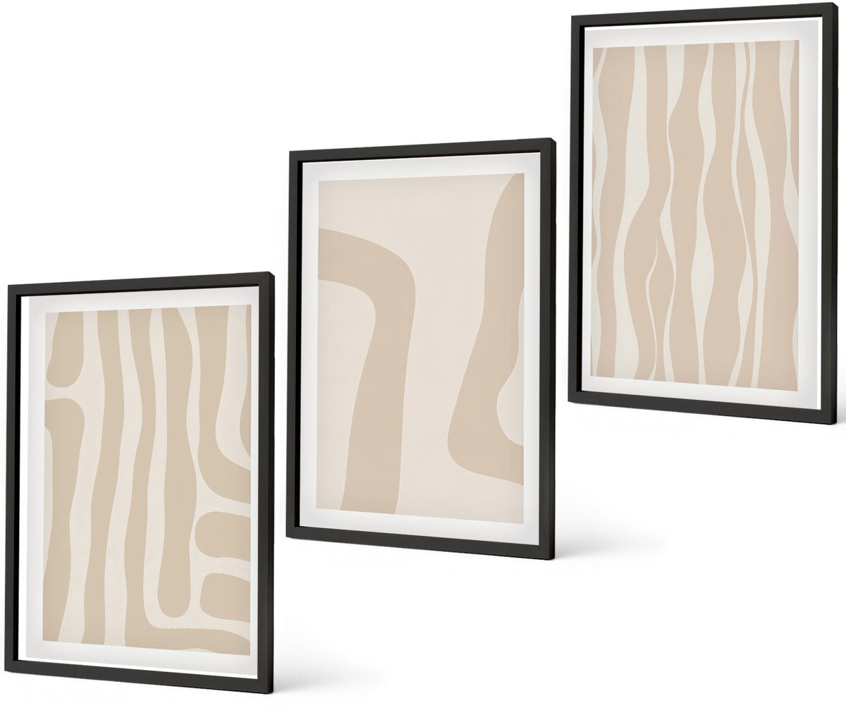 Coloray 3-Delige Schilderij Set - Abstracte Patronen, Minimalistische Vormen, Boho-Stijl - 40 x 60 cm - Muurdecoratie - Wanddecoratie - Slaapkamer - Woonkamer Decoratie Zwarte lijst