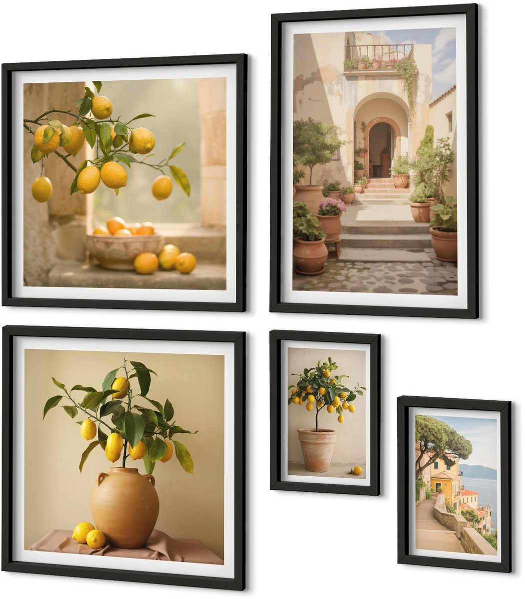 Coloray 5-Delige Schilderij Set - Stijlvolle Citrusdecoraties In Een Rustieke Omgeving - 50 x 50 cm, 20 x 30 cm En 40 x 60 cm - Wanddecoratie - Schilderijen Set - Kantoor - Muurdecoratie Zwarte lijst