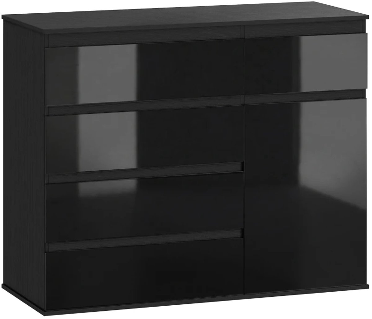 Dressoir - Moderne opbergkast met 5 lades - Verstelbare plank - Soft-close deur - Hoogglans zwart