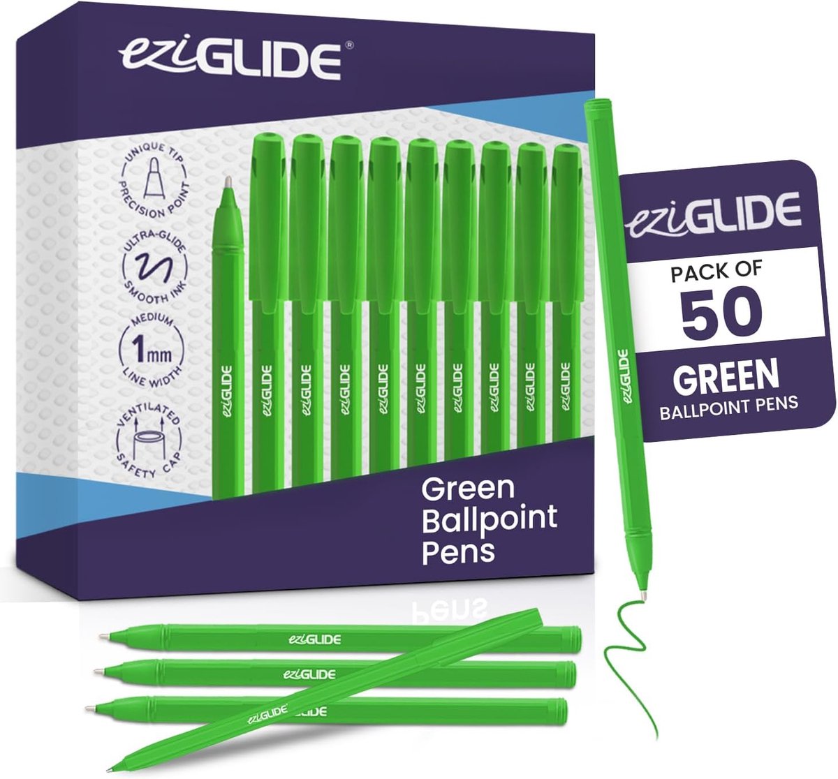 EziGlide Ballpoint pen green, pack of 50 ballpoint pens, smooth writing action - ShopVlot