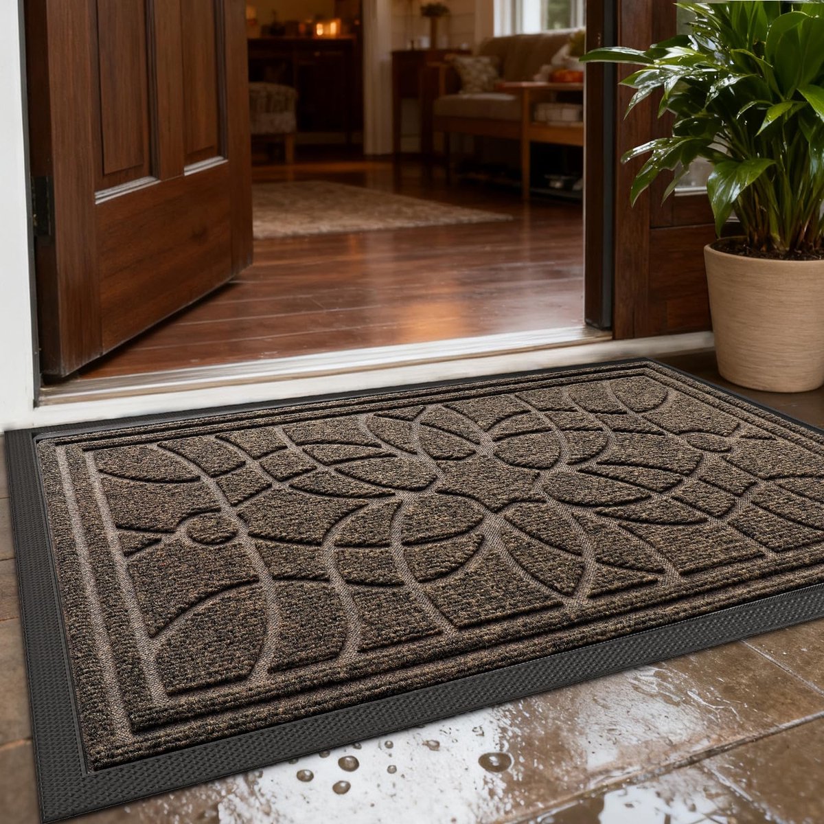 Famanu Antislip deurmat voor binnen, 60 x 90 cm, zware waterabsorberende schoonloopmat voor voordeur, gang en entree, bruin