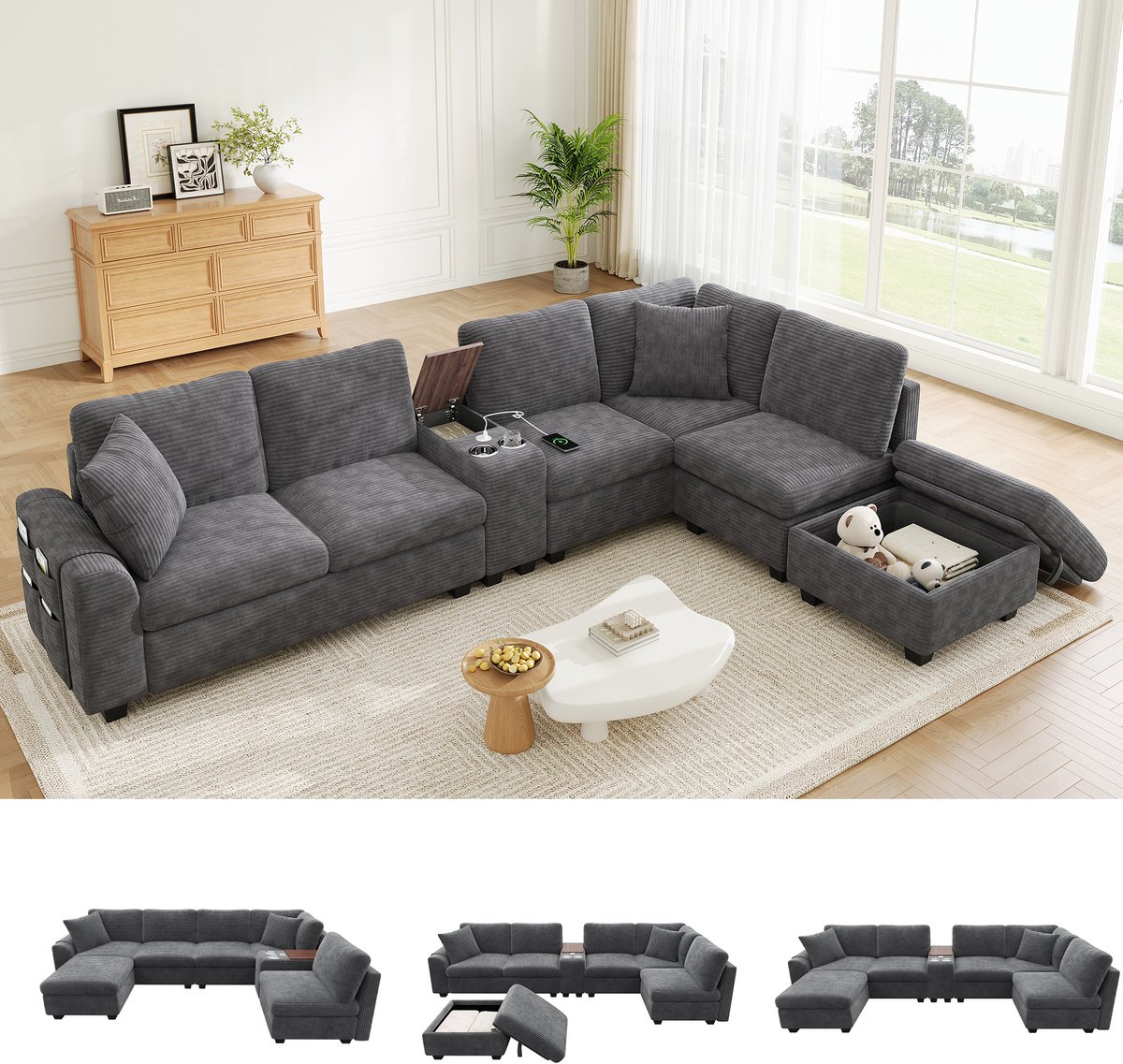 Modulair U/L-vormig hoekbank 6 zitplaatsen - Cordstoffen Bank Met Stuurschappen en USB-aansluitin... - 311x139x85 cm, Grijs
