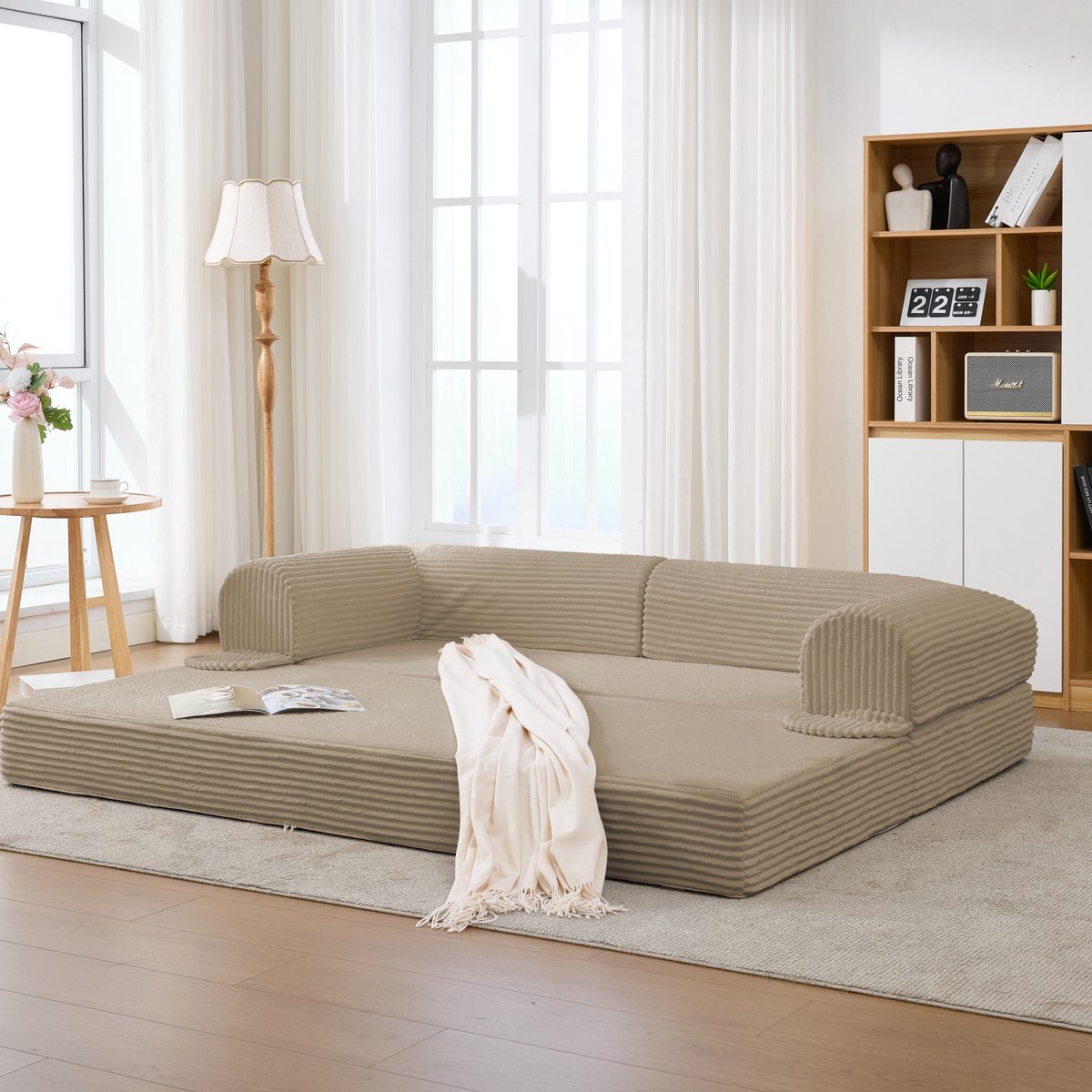Beige Futon Sofa met 2-zitss - Converteerbaar naar Bed - Massief hout - 190x78x65 cm, Bruin