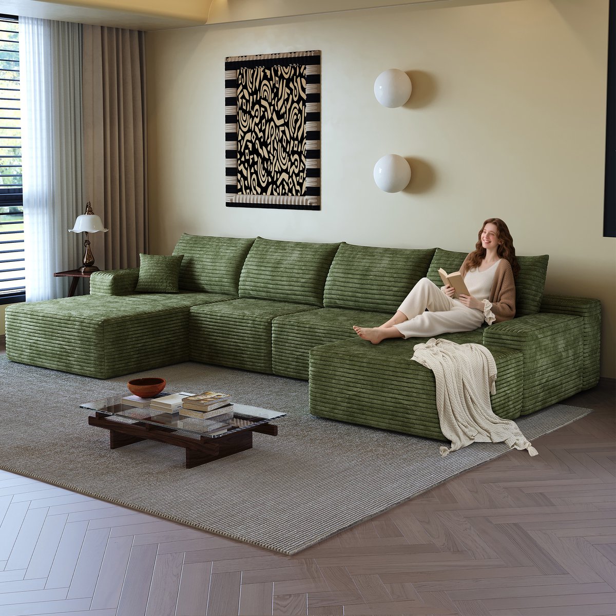 Modulaire Hoekbank - 5 Zits Ribstof Lounge Sofa Met L Chaise Longue - Diepe Zit Cloud Bank Zonder Montage - Compressie Sofa Met Zachte Schuimvulling - Grote Hoekbank Voor Woonkamer - Groen