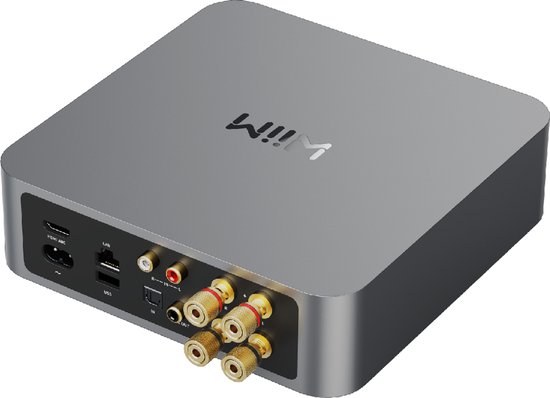 Grijze WiiM Amp met achterkant zichtbaar, met HDMI ARC, LAN, USB, optische ingang, sub out, en luidsprekeraansluitingen.