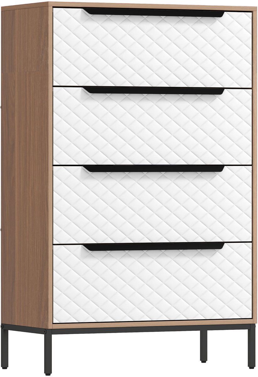 TEKROA® Ladekasten - met 4 Laden -Kast - fronten met ruitpatroon, geschikt voor woonkamer, kantoor of kleedkamer - wit