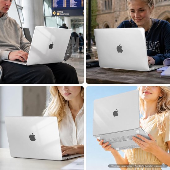 Une personne utilise un ordinateur portable argenté avec logo Apple dans un aéroport et une autre personne à l'extérieur avec un ordinateur portable.