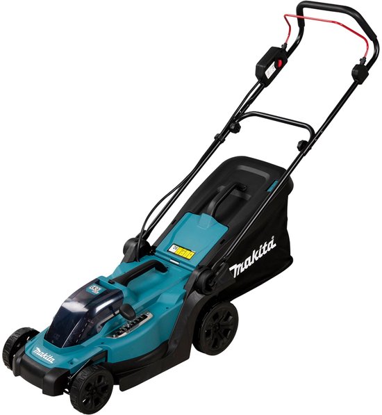 Makita accu grasmaaier in turquoise en zwart, met rode handgreep en grasopvangzak met Makita-logo.