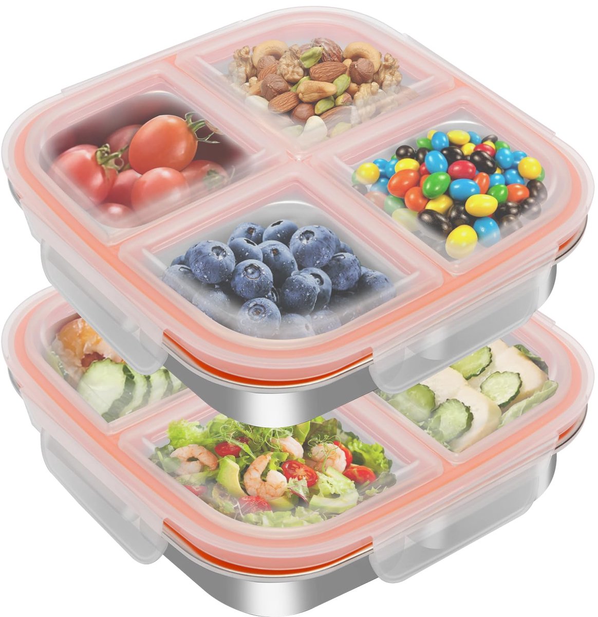 Snackbox met 4 compartimenten – roestvrij staal – set van 2 lekvrije snackboxen met deksel (600 ml) – draagbare lunchbox – ideaal voor maaltijdbereiding voor kinderen – voor verse snacks, salades en fruit – perfect voor kleine bento-boxen