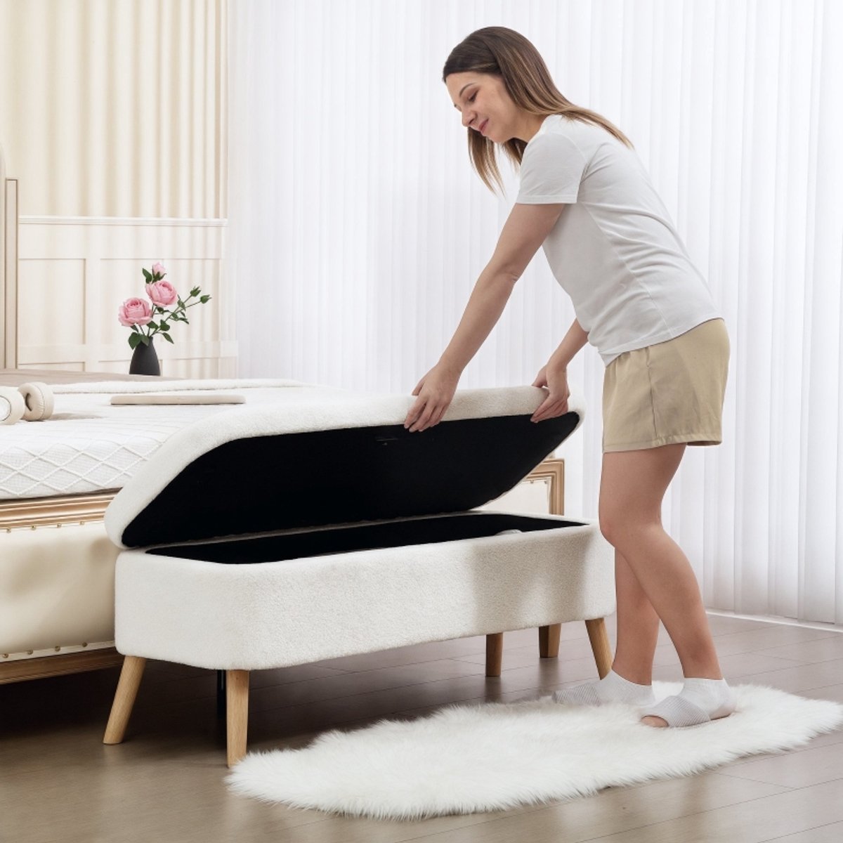 OKWISH Opbergbank Met 65 L Opbergruimte 120 x 42 x 45 cm Teddy Hout Crèmewit Voor Slaapkamer En Hal 220 Kg Draagkracht
