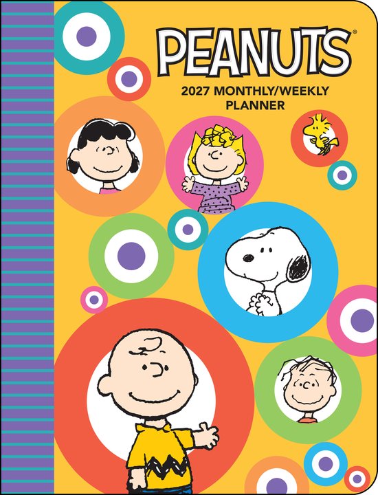 Peanuts 2027 planner met Charlie Brown, Snoopy, Lucy, Linus, Woodstock en andere personages op een gele achtergrond met kleurrijke cirkels.