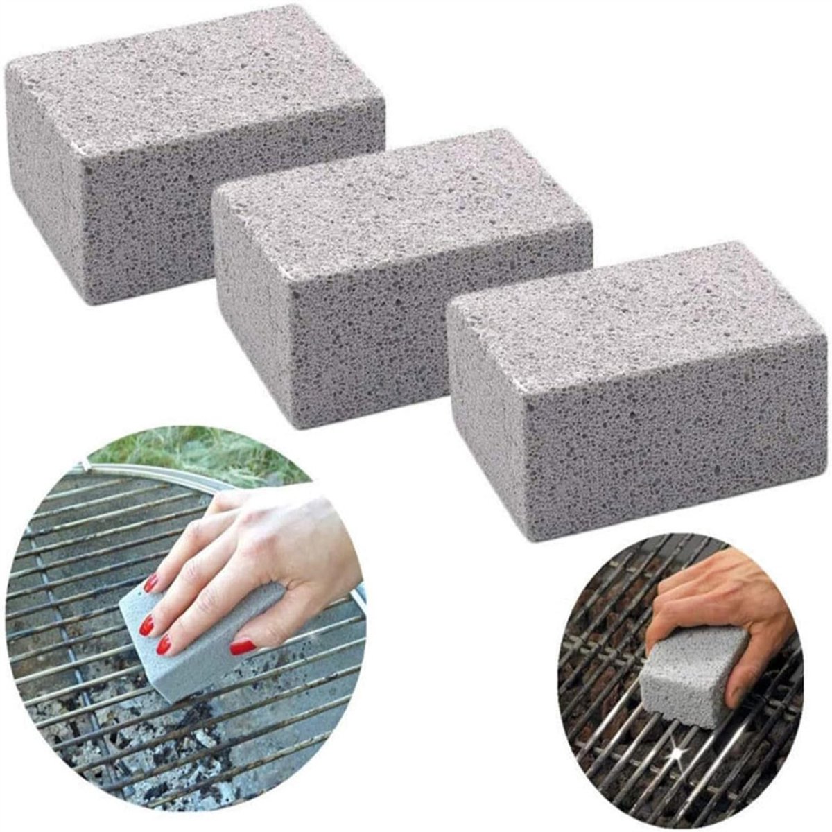 3 stuks grillreinigingssteen, reinigingsset voor grillplaten voor het verwijderen van BBQ-vlekken, reinigt puimsteen krachtig voor grills, toiletten, badkuipen en gootstenen (Grijs)
