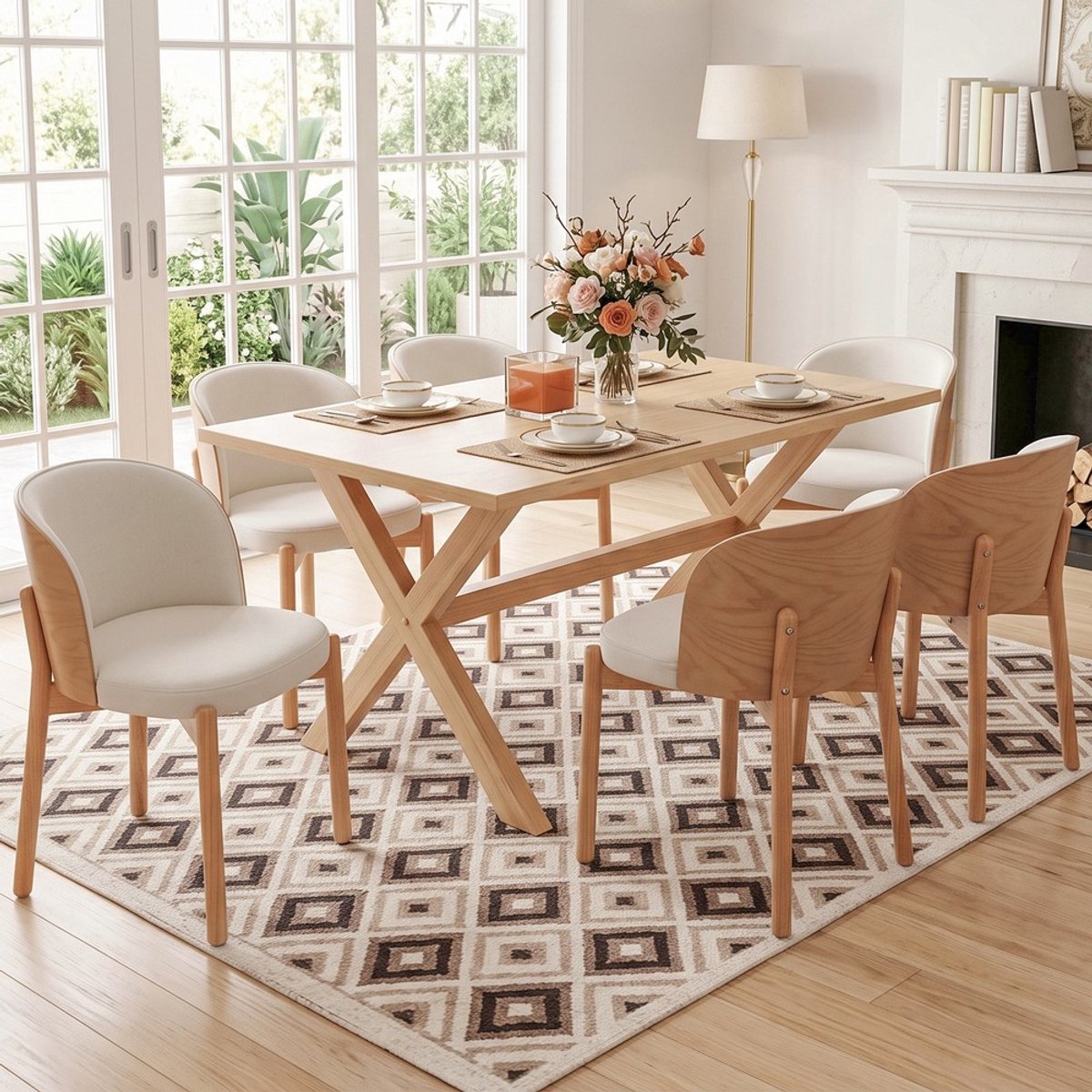 Pugsdrly 6 eetkamerstoelen van massief hout, comfortabel en ademend, geschikt voor eetkamer, woonkamer, cafés, moderne stijl, linnen, fineer van massief essenhout, natuurlijke houtkleur（Zonder tafel）