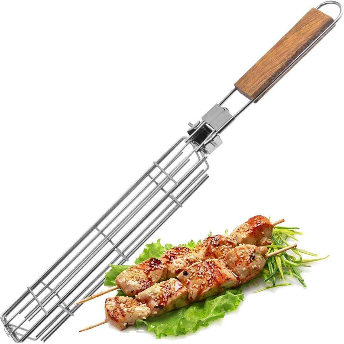Ulisem - BBQ grillmand - 360° roterende mand met deksel - Gemaakt van 403 RVS met houten handvat - Geschikt voor vis, vlees en groente - Anti-aanbak en vaatwasbestendig - Voor gas en houtskool - Ideaal voor camping en tuin - Zilver