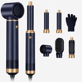 Ukliss 5-in-1 styler in donkerblauw met gouden details. Op de voorgrond de styler en de 6 verwisselbare opzetstukken, waaronder een borstel.