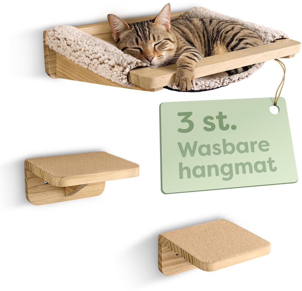Klimwand voor Katten Set - 3 Delige Katten Trap voor Aan de Muur - FSC Dennenhout met Antislip Fleece Bekleding - Stevig Wandmeubel voor Katten tot 30 kg - Eenvoudige Montage - Kattenmeubel voor Klimmen, Spelen en Ontspannen - Beige