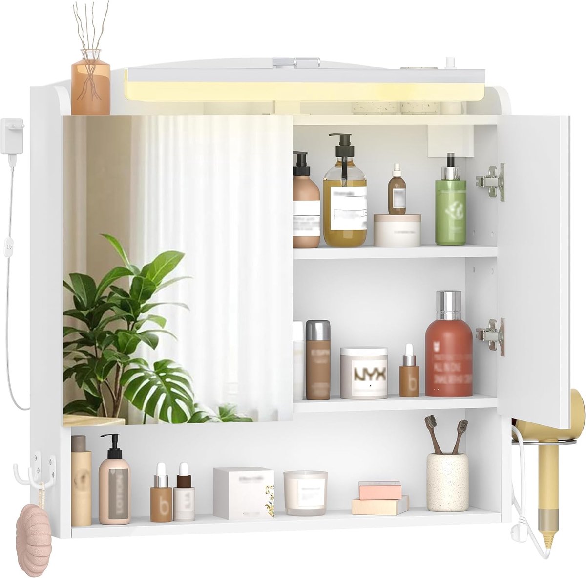 Hzuaneri Spiegelkast badkamer met verlichting, wandkast,Badkamerkast met spiegel, föhnhouder en haken, met stekker, wit, 16,5 x 70 x 75 cm
