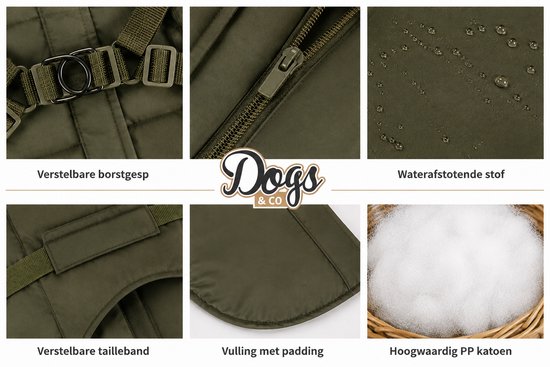 Groene gewatteerde hondentrui met verstelbare banden, rits en waterafstotende stof.