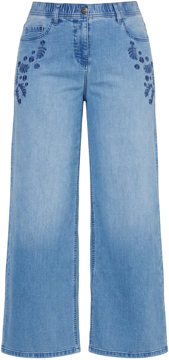 Ulla Popken - Dames - Jeans Mary borduursel extra wijde pijpen - Licht blauw denim - Maat 44