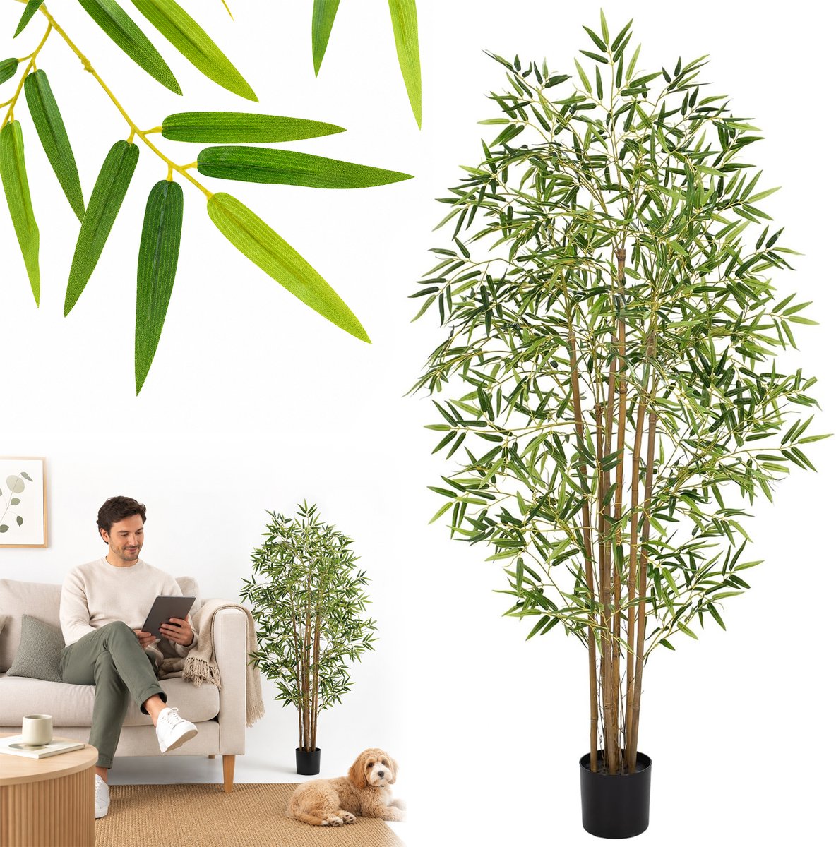 Wishdor Kunstplant Bamboe 120 cm - Levensechte Kunstboom - Grote Faux Bamboeboom incl. Zwarte Pot voor Binnen - Woonkamer Decor