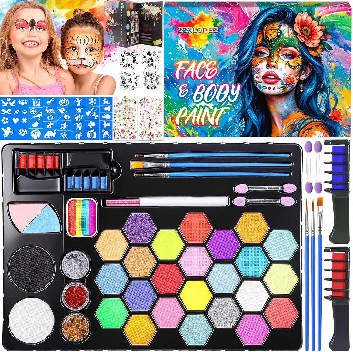Children's Makeup Set, Face Paint Children's Makeup Set 26 Colors Makeup Palette, Halloween Makeup Set with Stencils - ShopVlot