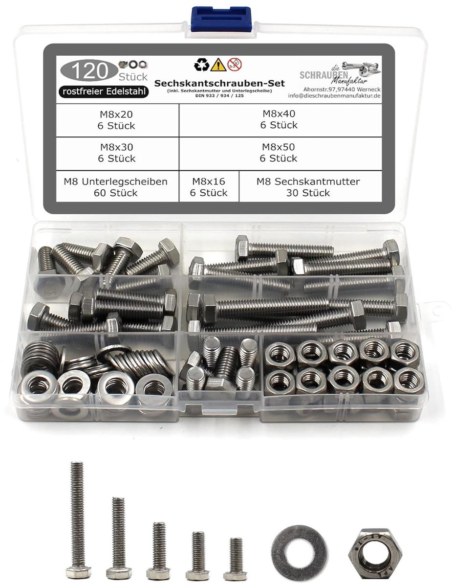 Set of 120 hex screws DIN 933 + hex nut DIN 934 and washer DIN 125 stainless steel size M8 - ShopVlot
