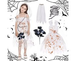 Shinybox Children's Horror Bride Costume Zombie Bride Costume Girls Black and White Rose Head Scarf Chain Lock Ghost - ShopVlot