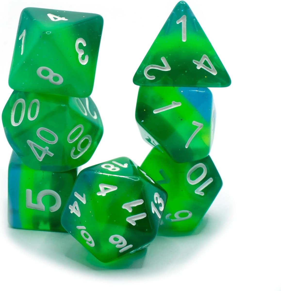 Evergreen Forest - Polyset Dice - Polydice - Green Blue Glitters Transparent and White - Dice Set Of 7 Pieces - ShopVlot