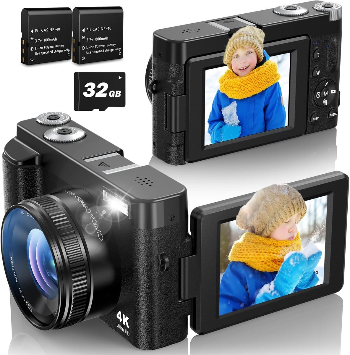 4K 48MP digitale camera, 16x digitale zoom, 180° flip screen autofocus, vlogging camera met selfie, compacte camera - ShopVlot