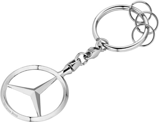 Zilverkleurige Mercedes-Benz sleutelhanger met sterlogo en meerdere ringen.