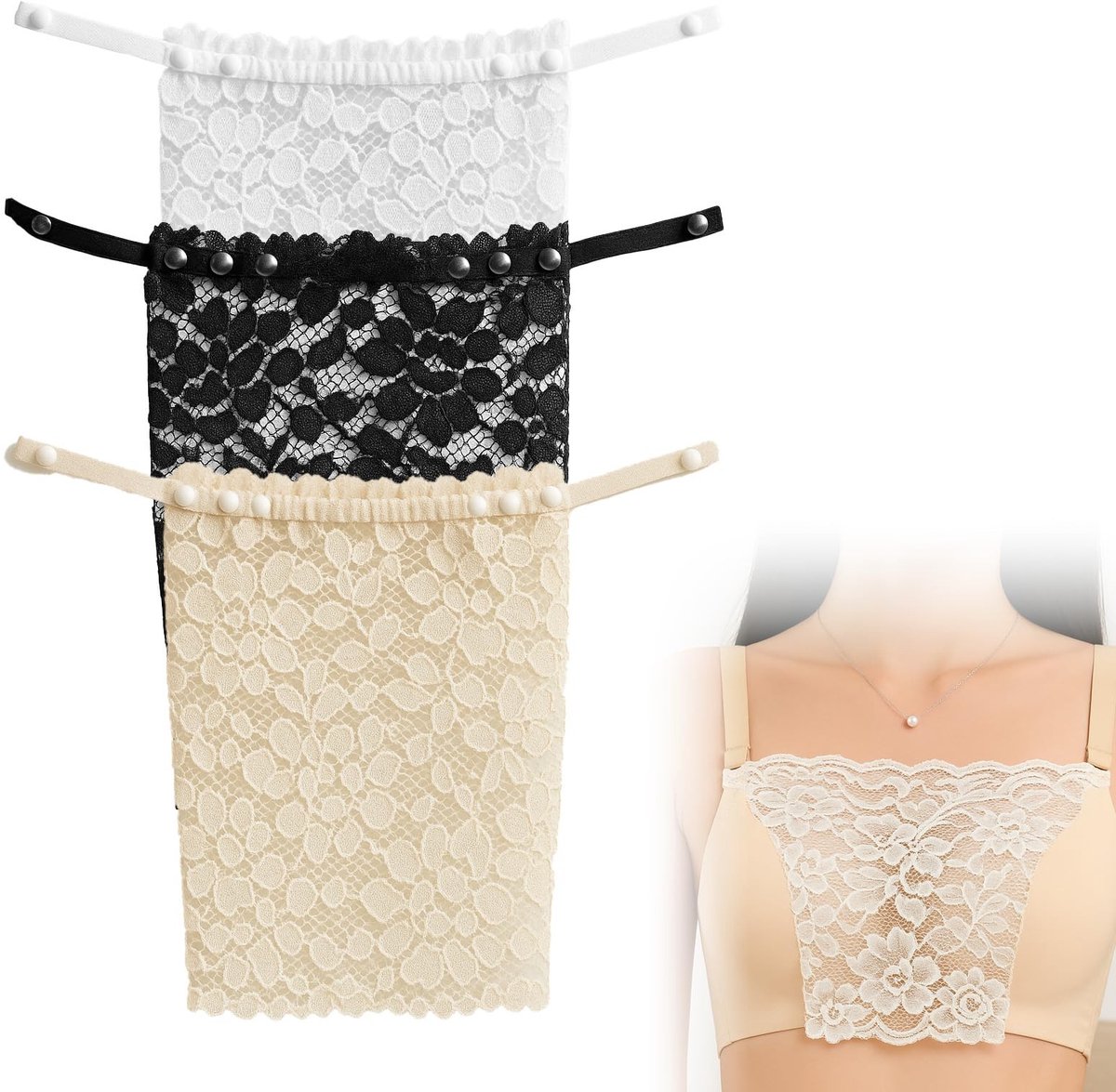 Solidchoice - Dames Decolette Beha 3-Delig van Kant met Bloemen - Antislip Borstband