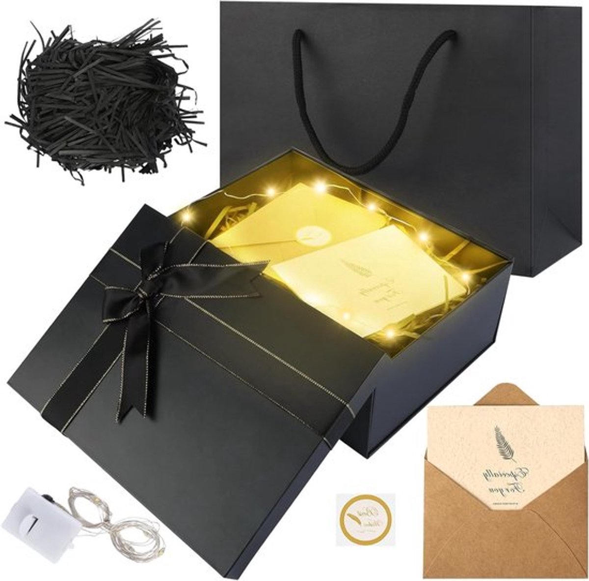 Zwarte Vouwbare Cadeaubox met Deksel en Strik, Inclusief Groetkaart, Lichtketting en Draagtas voor Verjaardag en Bruiloft