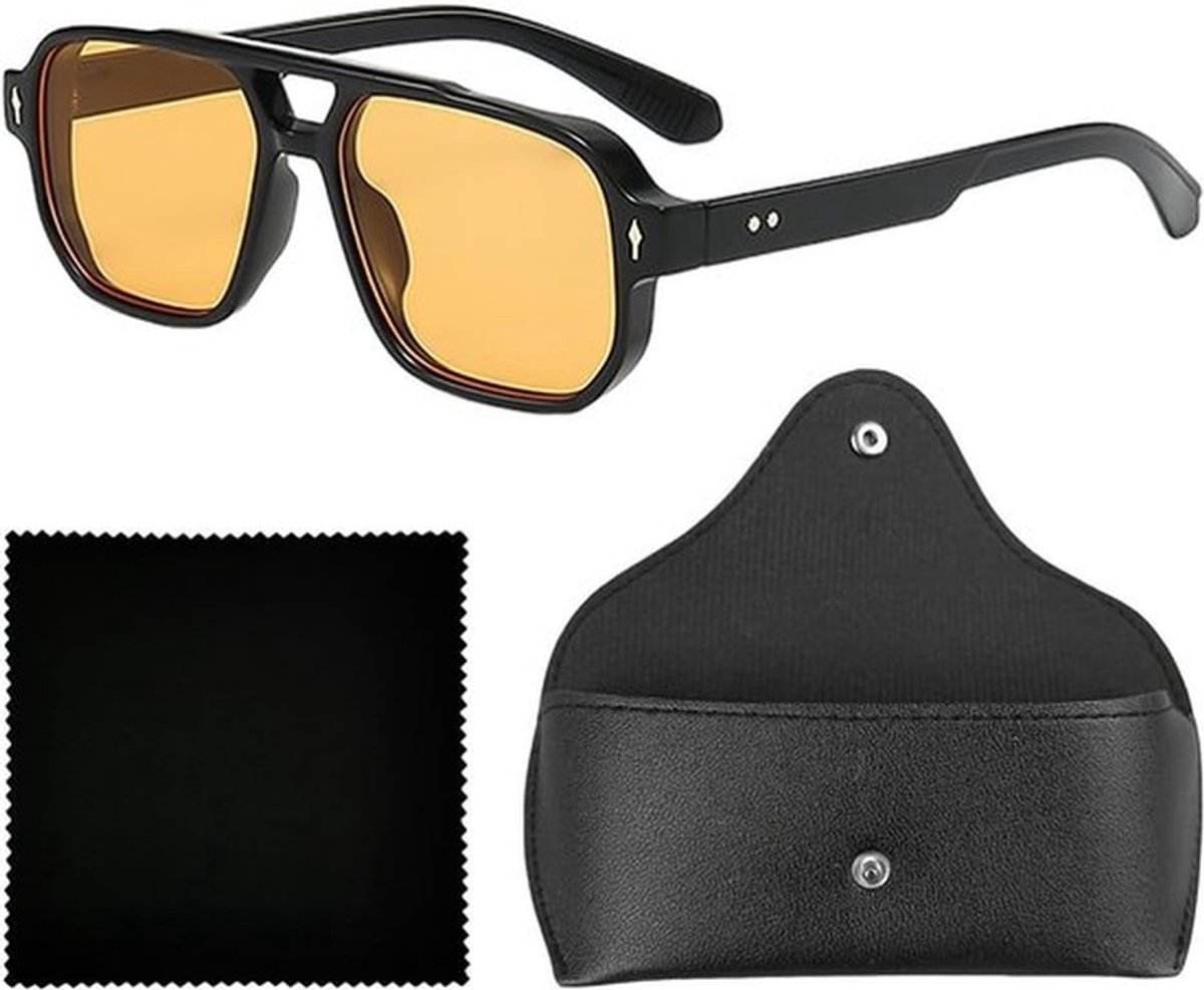 Modieuze Zonnebril voor Mannen en Vrouwen met Opbergetui en Schoonmaakdoek - Zwart Frame met Oranje Accenten, Unisex, Perfect voor Zomer en Vakantie