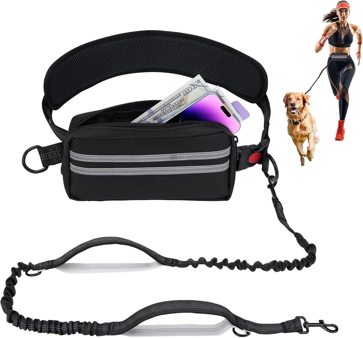 Jogginglijn voor Honden - Zwart - 145-200 cm - Bungee Looplijn met Buikriem en Afneembare Heuptas - Voor Middelgrote en Grote Honden