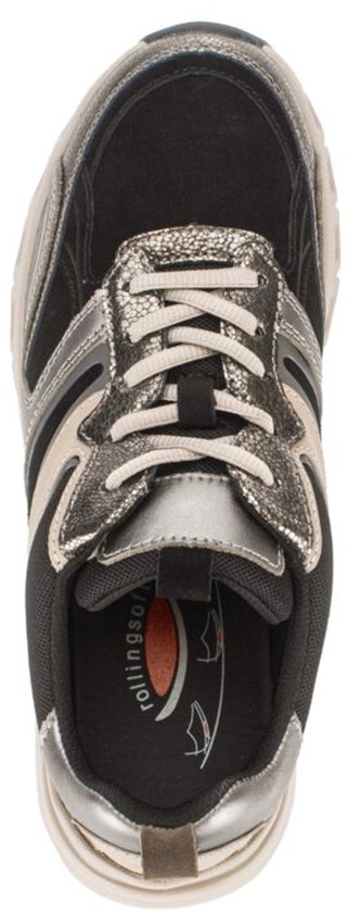 Bovenaanzicht van een zwart-beige sneaker met veters en Rollingsoft binnenzool.