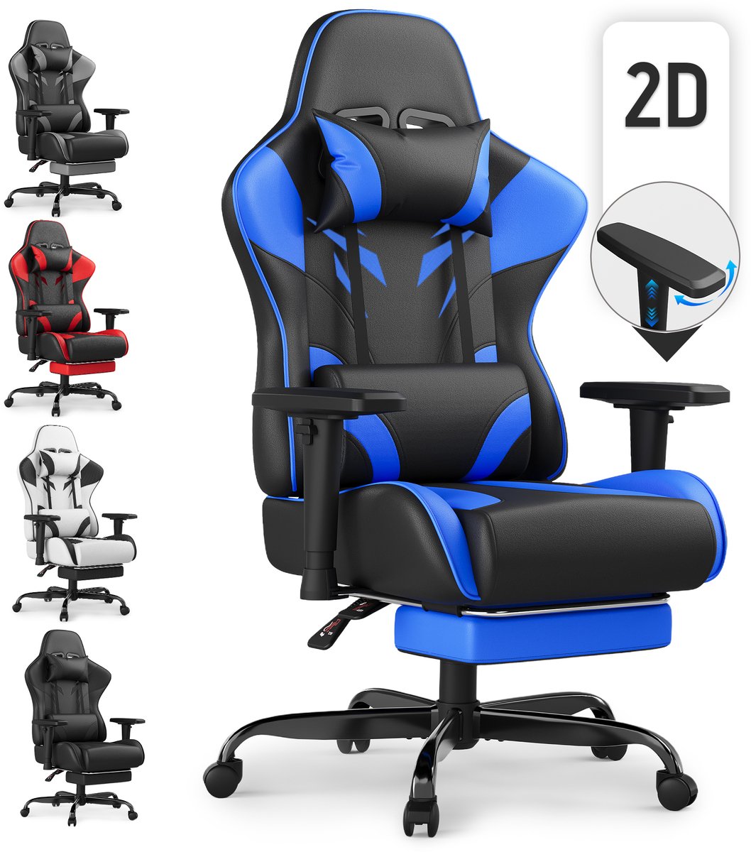 Ergonomische Bureaustoel – 2D Verstelbare Armleuningen – Rugleuning 90-135° – Voetensteun – 150 kg Draagvermogen – Stil Wielen – Zwart blauw