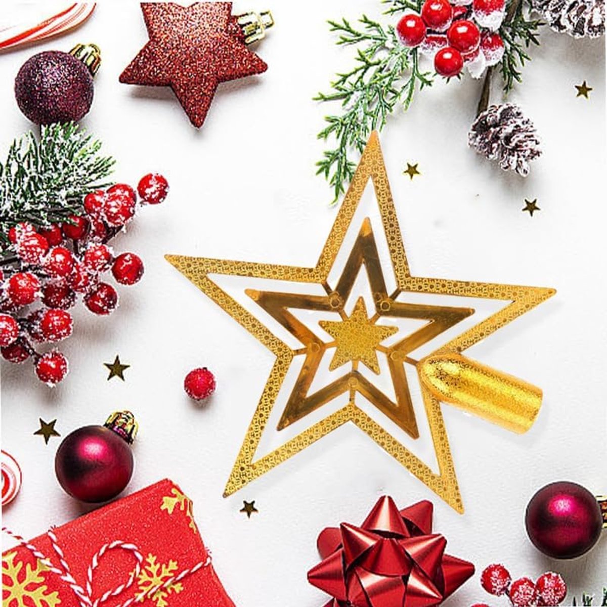 Kerstboompiek in de vorm van een ster Ster Voor de kerstboom-top Kerstboomster - Kerstboomversiering van kunststof Boomtop Kerstmis Voor kerstdecoratie, goud Kerstboomversiering – foto 2